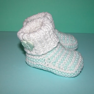 Hand Knitted Baby Booties knitted in Baby Cotton Yarn/Turquoise Green & White Stripes/Heart Button image 1