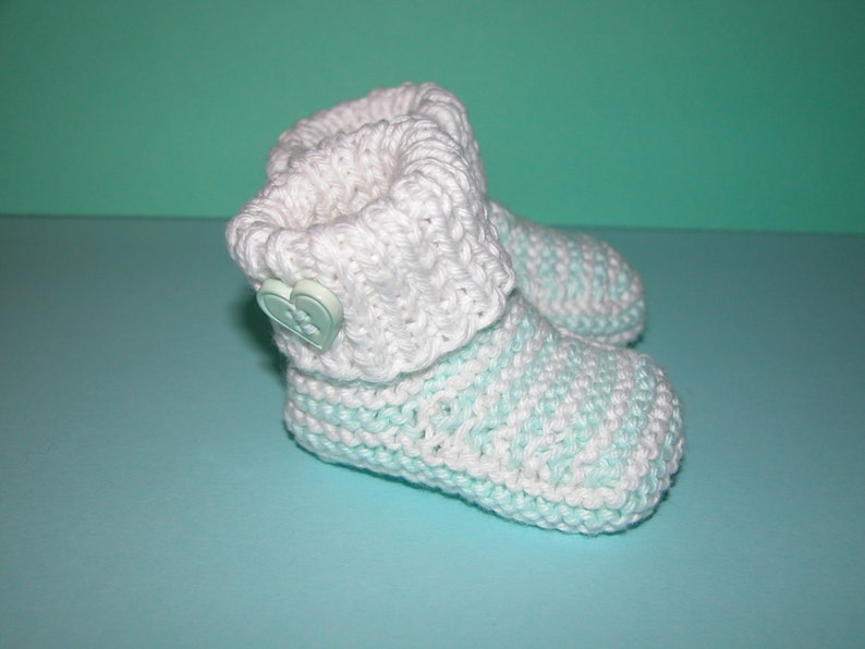 Hand Knitted Baby Booties knitted in Baby Cotton Yarn/Turquoise Green & White Stripes/Heart Button image 1