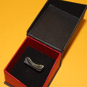 Peut inclure: Une petite bague incurv&eacute;e avec un design argent&eacute; et dor&eacute; repose &agrave; l'int&eacute;rieur d'une bo&icirc;te noire ouverte avec un int&eacute;rieur rouge. La bague a une surface textur&eacute;e et est expos&eacute;e sur une surface de velours noir. La bo&icirc;te est sur un fond jaune.