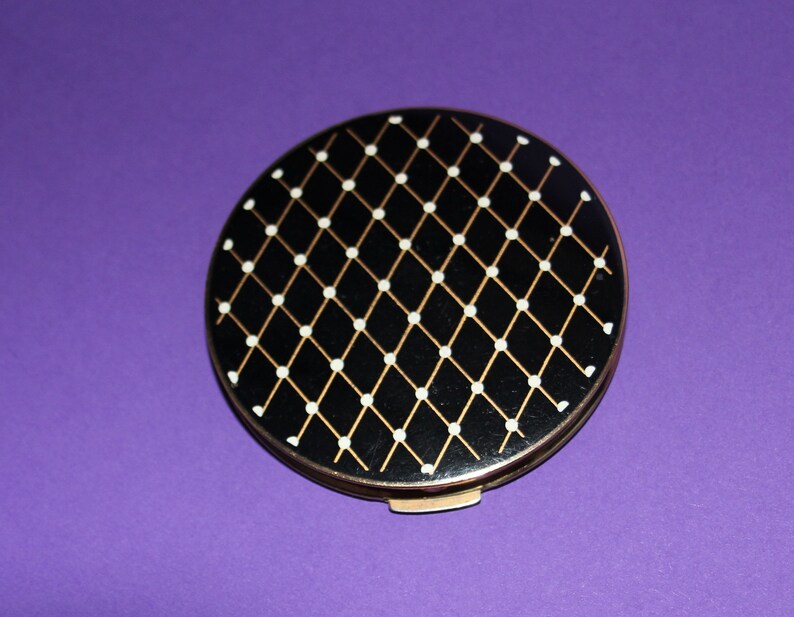 Dramatic Vintage Stratton Brass Ceramic Powder CompactBlack and white diagonal patternOriginal Sifter