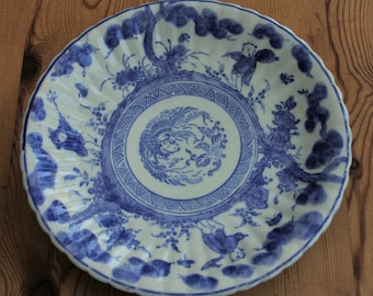 Antique Meiji Japanese Blue & White Plate 8.5" – Butterfly Catchers – Stencil and Hand‑Painted