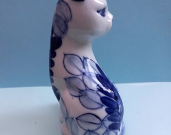 ヴィンテージ磁器の猫の置物：青い花柄の装飾 - Etsy 日本