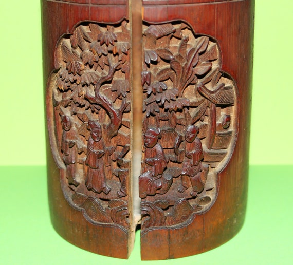 ANTIQUE PAIR OF CHINESE CARVED BAMBOO BRUSH POTS