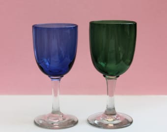 Antique pair of Bristol Port Glasses/ 1 Blue & 1 Green/Collectable
