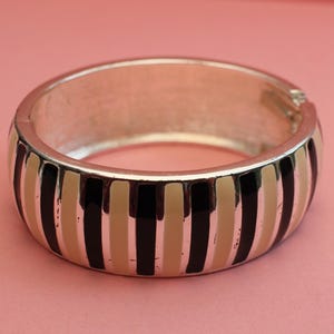 Vintage Retro hinged enamelled Cuff Bracelet Matt Yellow Ochre, Silver and Black stripes.