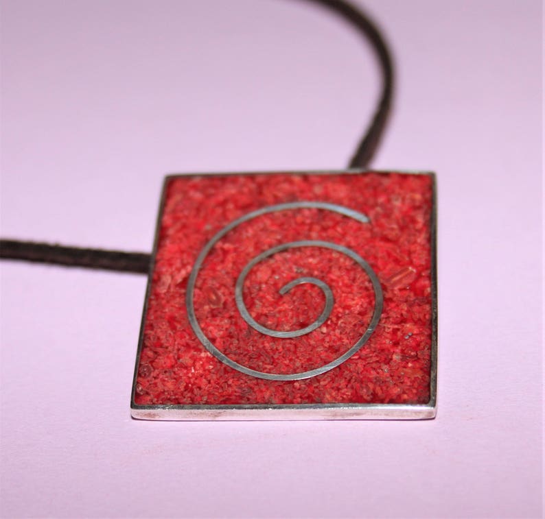 Vintage Square Red Coral and Solid Silver Pendant