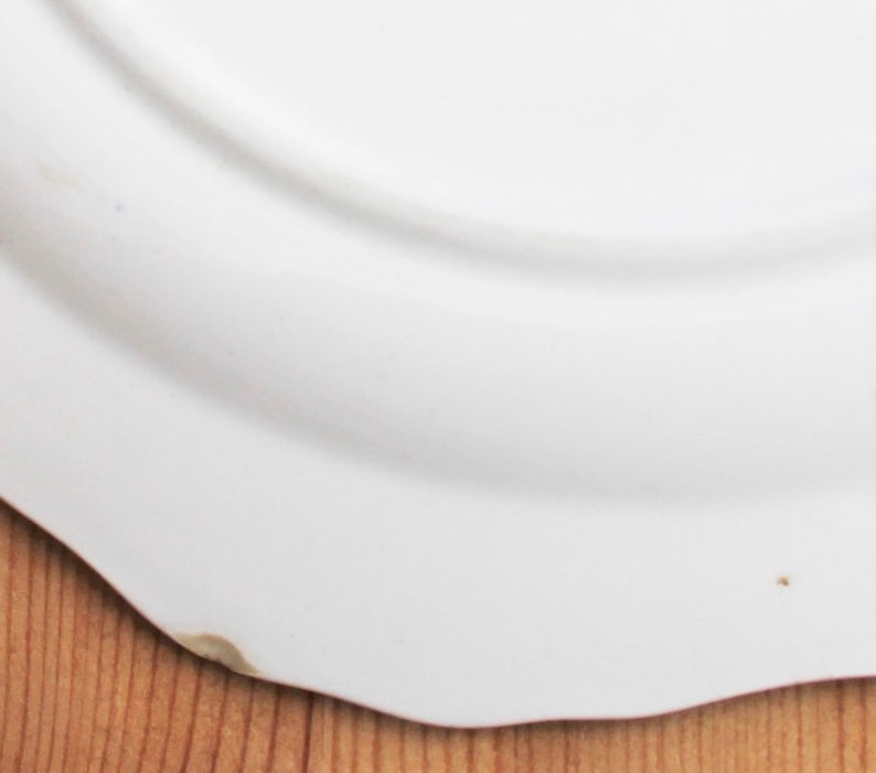 May include: A white ceramic plate with a scalloped edge. The plate has a slightly curved surface and a small imperfection on the edge. The plate is on a wooden surface.