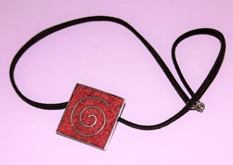 Vintage Square Red Coral and Solid Silver Pendant