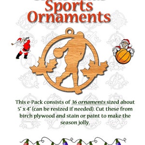 May include: A set of 36 wooden Christmas ornaments featuring a basketball player. The ornaments are approximately 12.7 cm by 10.2 cm and are made from birch plywood. The ornaments can be stained or painted to create a festive holiday decoration.