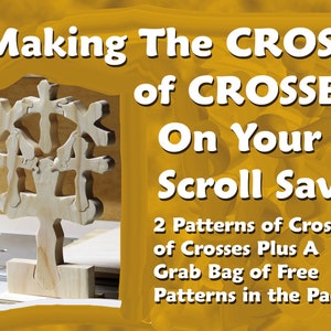 Pode incluir: Um quebra-cabeça de madeira em forma de cruz com detalhes intrincados, feito com uma serra de vaivém. A imagem inclui o texto "Making The CROSS of CROSSES On Your Scroll Saw 2 Patterns of Cross of Crosses Plus A Grab Bag of Free Patterns in the Pack".