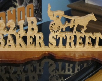 221B Baker Street Sherlock Holmes Handmade Wood Sign with Hansom