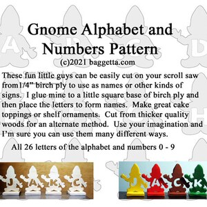 May include: A set of 10 wooden gnome ornaments, painted in various colours, with letters A through J and numbers 0 through 9. The gnomes are holding the letters and numbers in their hands. The image includes the text "Gnome Alphabet and Numbers Pattern (c)2021 baggetta.com".