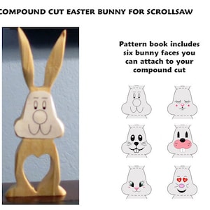 May include: A wooden Easter bunny cutout with a heart-shaped opening in the middle. The bunny is made of light brown wood and has a white face with black eyes and a pink nose. The image also shows six different bunny faces that can be attached to the cutout.