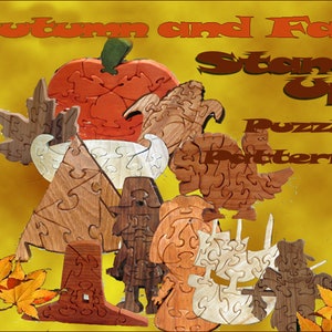 May include: Wooden jigsaw puzzle pieces in the shapes of a pumpkin, a tree, a turkey, and a scarecrow. The pieces are arranged in a stand-up display. The text "Autumn and Fall Stand Up Puzzle Patterns" is written on the background.
