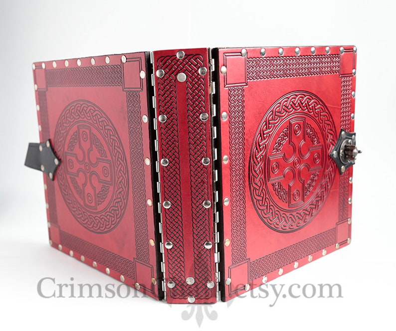 by Crimson Chain Leatherworks Red Celtic Wheel 3 gaming geek gift tabletop rpg photo album Leather Binder