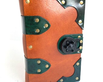 Brown and Green leather sketchbook cover - Small - by Crimson Chain Leatherworks