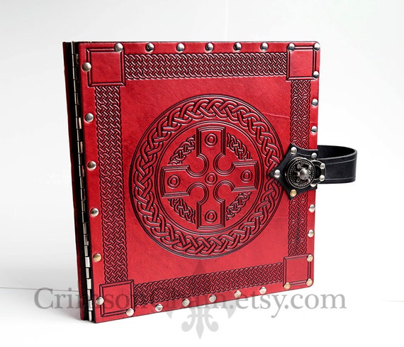 by Crimson Chain Leatherworks Red Celtic Wheel 3 gaming geek gift tabletop rpg photo album Leather Binder