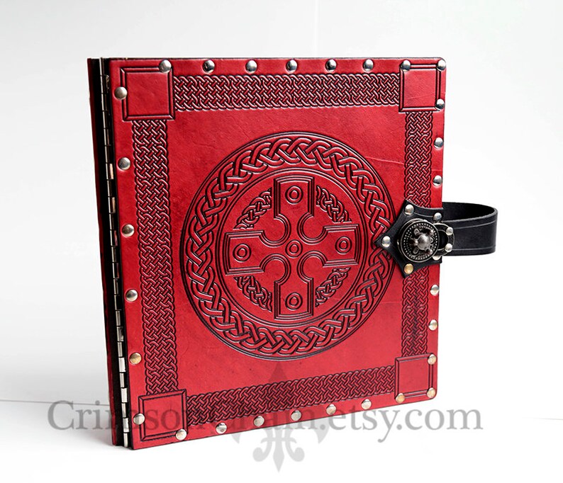 by Crimson Chain Leatherworks Red Celtic Wheel 3 gaming geek gift tabletop rpg photo album Leather Binder