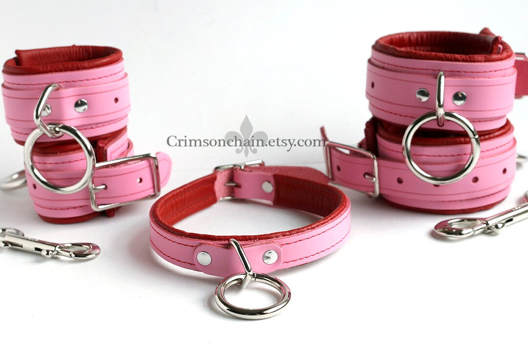 Pink and Red Lined Cuffs and Collar Set by Crimson Chain Etsy