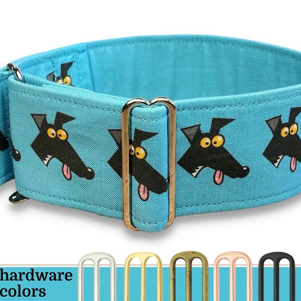 greyhound collar, cyan fabric dog collar Richard Skipworth martingale collar or buckle, sighthound collar, whippet collar / Derp blue