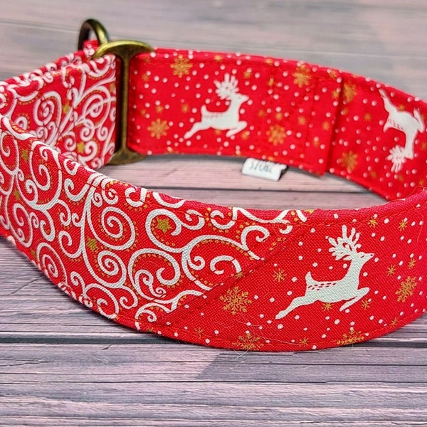 Hundehalsband mit Hirsch, Weihnachtshalsband Rentier rot gold, Martingale Zugstopphalsband od Steckschließe, Windhundhalsband /  deer red