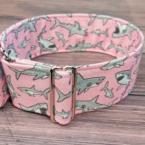 shark dog collar, pink fabric greyhound collar, maritim martingale collar or buckle, whippet collar / shark attack pink