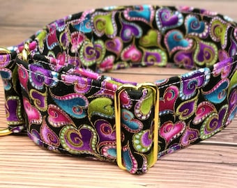 Valentines dog collar with hearts, black gold fabric greyhound collar, martingale collar or buckle, whippet collar / hearts