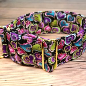 Valentines dog collar with hearts, black gold fabric greyhound collar, martingale collar or buckle, whippet collar / hearts