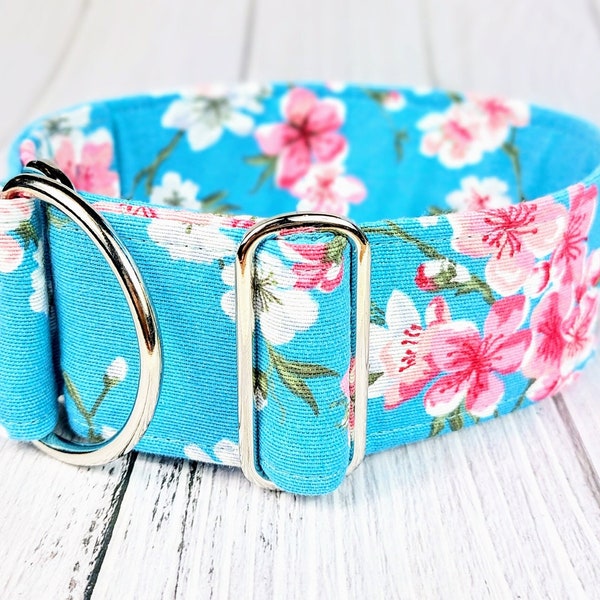 Collar para perros con flores de cerezo azul claro, collar o hebilla martingala floral, collar ancho de galgo / flor de cerezo