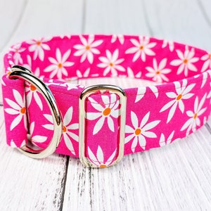 pink dog collar with white Daisies, fabric greyhound collar, girly martingale collar or buckle, whippet collar / Daisy