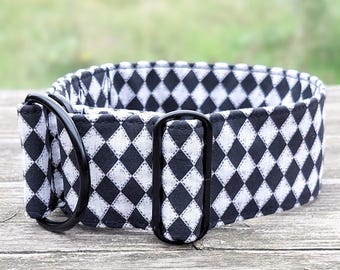 fall dog collar black and white, checkerboard greyhound collar for boys, limited slip martingale or buckle collar / Argyle Mono