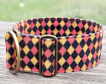 checkerboard dog collar black and orange, greyhound collar for boys, halloween limited slip martingale or buckle collar / Argyle Rust