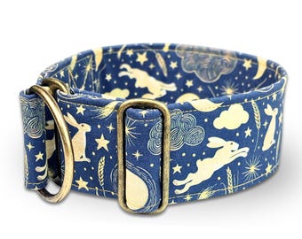blue dog collar with hares, Easter greyhound collar harvest moon martingale collar or buckle, whippet collar / Hare - denim