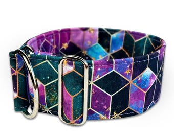 boy dog collar, galaxy martingale or buckle collar, blue and green martingale greyhound collar / Cosmos - midnight