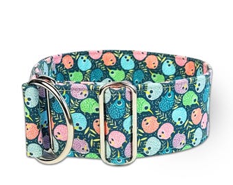 dog collar green and pink kiwi birds martingale or buckle collar, greyhound collar whippet, New Zealand / kiwi