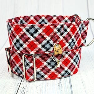 Hundehalsband rot kariert Windhundhalsband Schottenkaro als Zugstopp oder Steckschließe, Whippet Halsband / Hudson