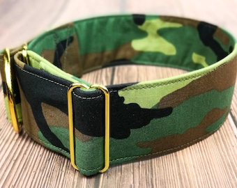 camouflage dog collar, army dog collar camo, martingale collar or side release buckle collar; camo fabric dog collar, greyhound collar