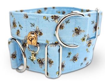 bee dog collar cute greyhound collar, fabric dog collar bumblebees, light blue limited slip martingale or buckle collar / Bumble Bee - azur
