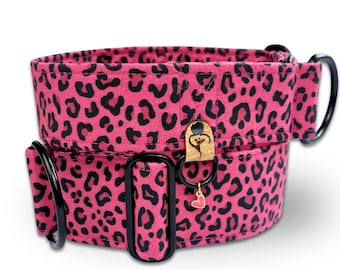 dog collar leopard, animal print greyhound collar, fabric dog collar hot pink, limited slip martingale or buckle collar / leo - pink