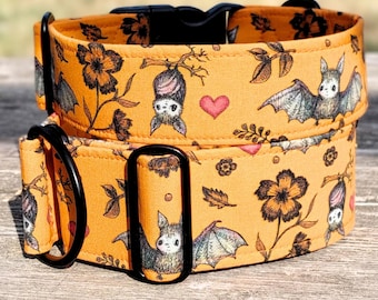 Halloween Dog Collar with Bats, Cute Orange Greyhound Collar, Limited Slip Martingale or standard buckle, Whippet Collar | Pumpkin Bat