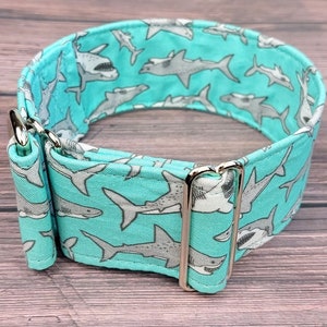 boy dog collar with sharks, blue fabric greyhound collar, maritim martingale collar or buckle, whippet collar / shark attack cyan