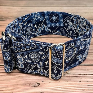 Può includere: Un collare per cani in tessuto blu e bianco con stampa bandana e fibbia argentata.