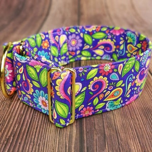 purple dog collar, paisley greyhound collar, colorful limited slip martingale or buckle collar, whippet collar / meadow