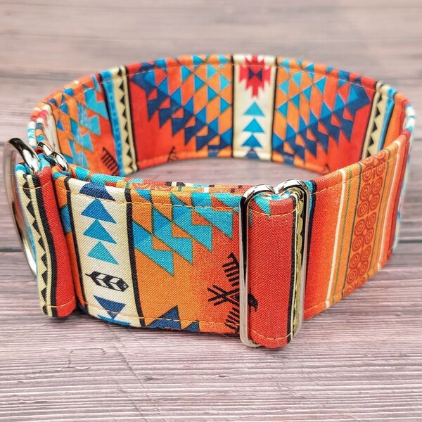 Hundehalsband mit Streifen orange, aztec Martingale Zugstopphalsband od mit Steckschließe, Windhundhalsband, Whippet / Tucson stripes orange