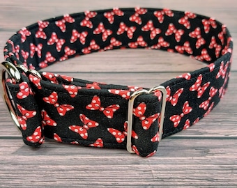 black dog collar with red bows, fabric greyhound collar, polka dot martingale collar or buckle, whippet collar / red bow
