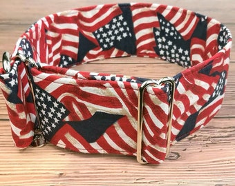 patriotic dog collar, stars and stripes july 4th independence day, martingale or buckle collar, greyhound collar / the proud pup