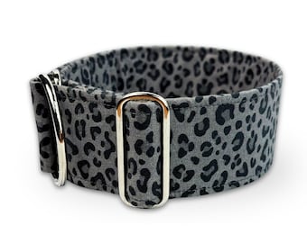 dog collar leopard, animal print greyhound collar, fabric dog collar grey, limited slip martingale or buckle collar / leo - slate