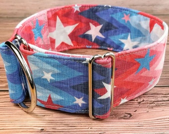 partiotic dog collar with stars 4th july, blue red and white greyhound collar, fabric choke collar or buckle, whippet collar / white star