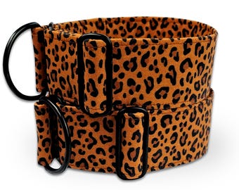 dog collar leopard, animal print greyhound collar, fabric dog collar brown, limited slip martingale or buckle collar / leo - sienna
