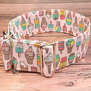 rosa Hundehalsband Eiscreme, Windhundhalsband Sommer Eistüte als Martingale Zugstopphalsband oder Klickschließe / ice cream